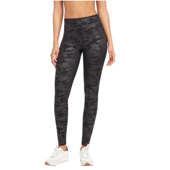 Spanx Faux Leather Camo Matte Black Tummy Shaping High Waisted Leggings 8 - Picture 1 of 7